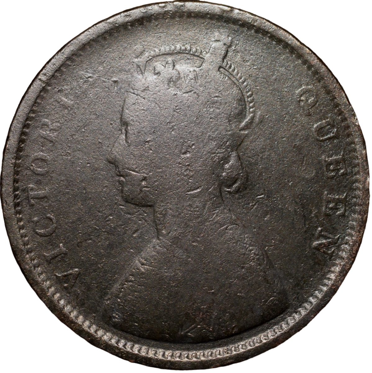 Copper 1/2 Anna of Victoria Queen (AD 1862) of Madras Mint Bust Type A Slanting Top 1 (PR # 577) Rare