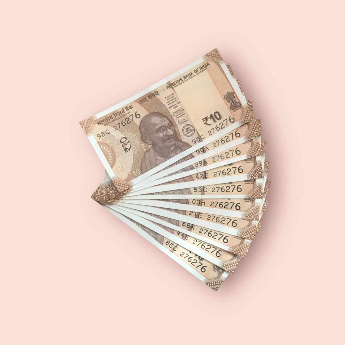 RS 10/- INDIA BANK NOTE SEMI FANCY 10 NOTE SAME NUMBER SET 276276 UNIQUE AND RARE