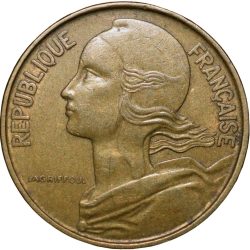 Brass 10 Centimes of France ( AD 1969) with Marianne face left