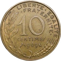 Alternative view of Brass 10 Centimes of France ( AD 1969) with Marianne face left