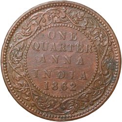 Alternative view of Copper 1/4 Anna of Victoria Queen (AD 1862) of Calcutta Mint Reverse Type 1