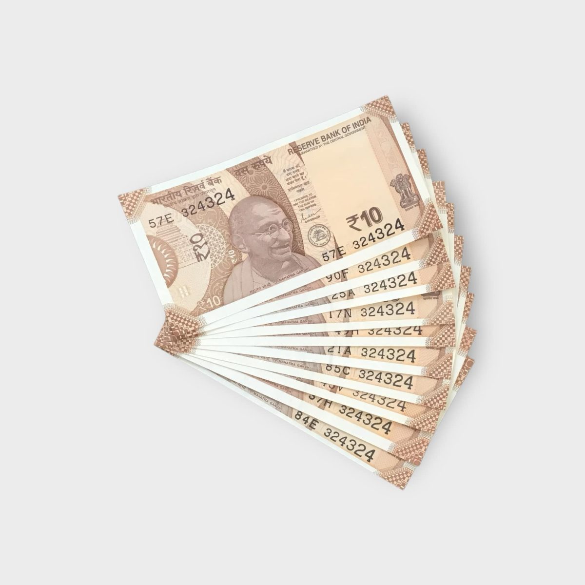 RS 10/- INDIA BANK NOTE SEMI FANCY 10 NOTE SAME NUMBER SET 324324 ...