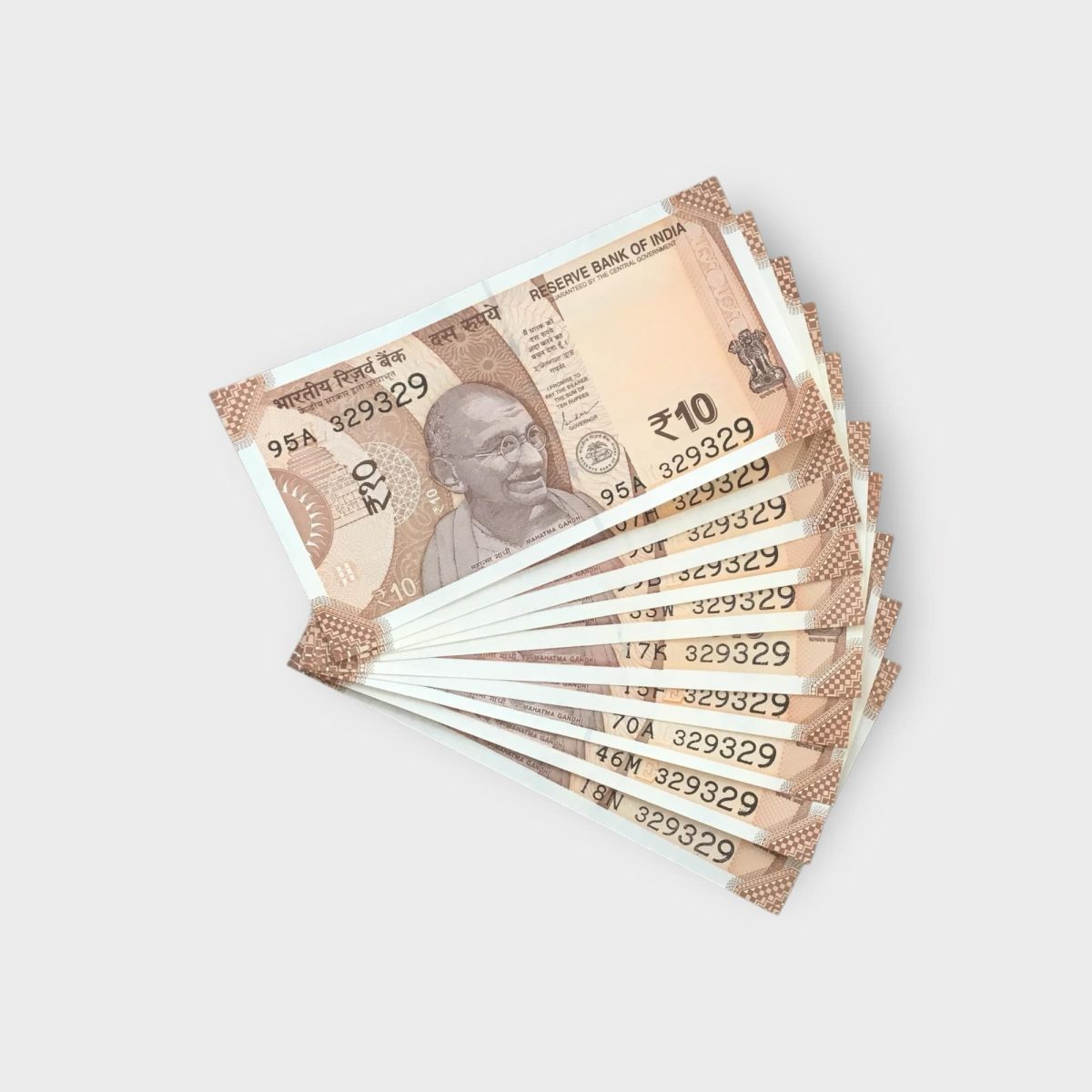 RS 10/- INDIA BANK NOTE SEMI FANCY 10 NOTE SAME NUMBER SET 329329 UNIQUE AND RARE
