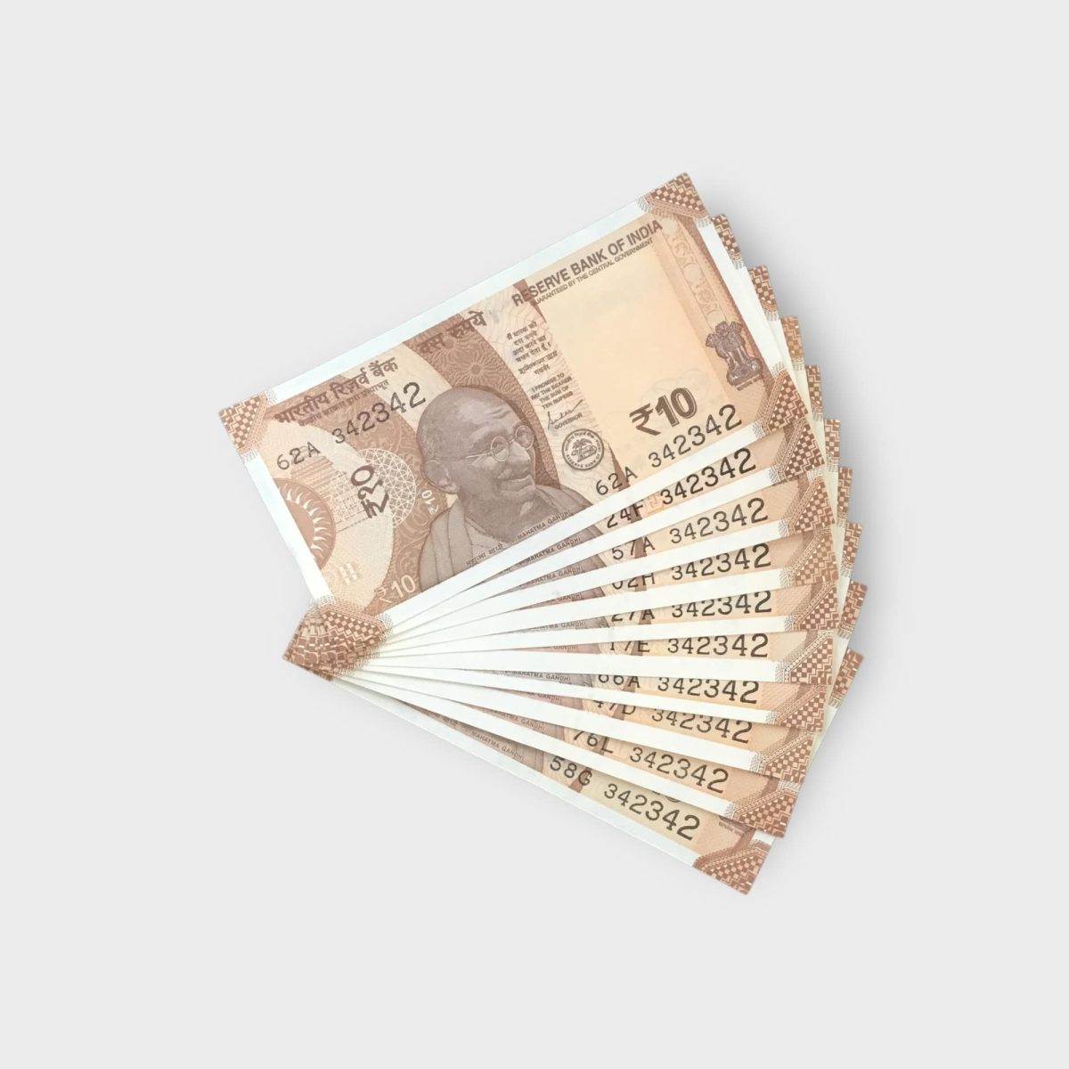 RS 10/- INDIA BANK NOTE SEMI FANCY 10 NOTE SAME NUMBER SET 342342 ...