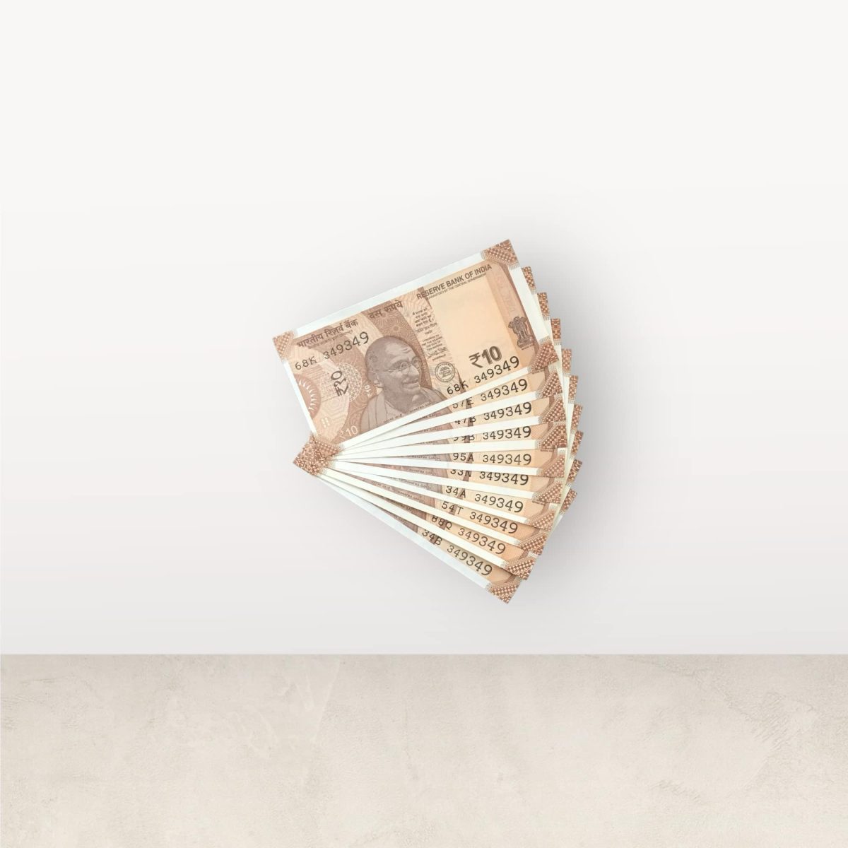 RS 10/- INDIA BANK NOTE SEMI FANCY 10 NOTE SAME NUMBER SET 349349 UNIQUE AND RARE