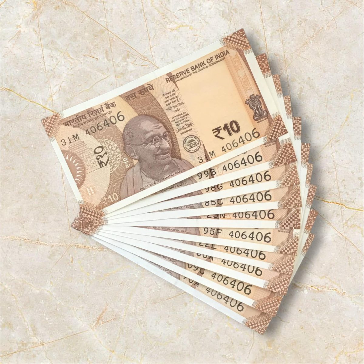 RS 10/- INDIA BANK NOTE SEMI FANCY 10 NOTE SAME NUMBER SET 406406 ...