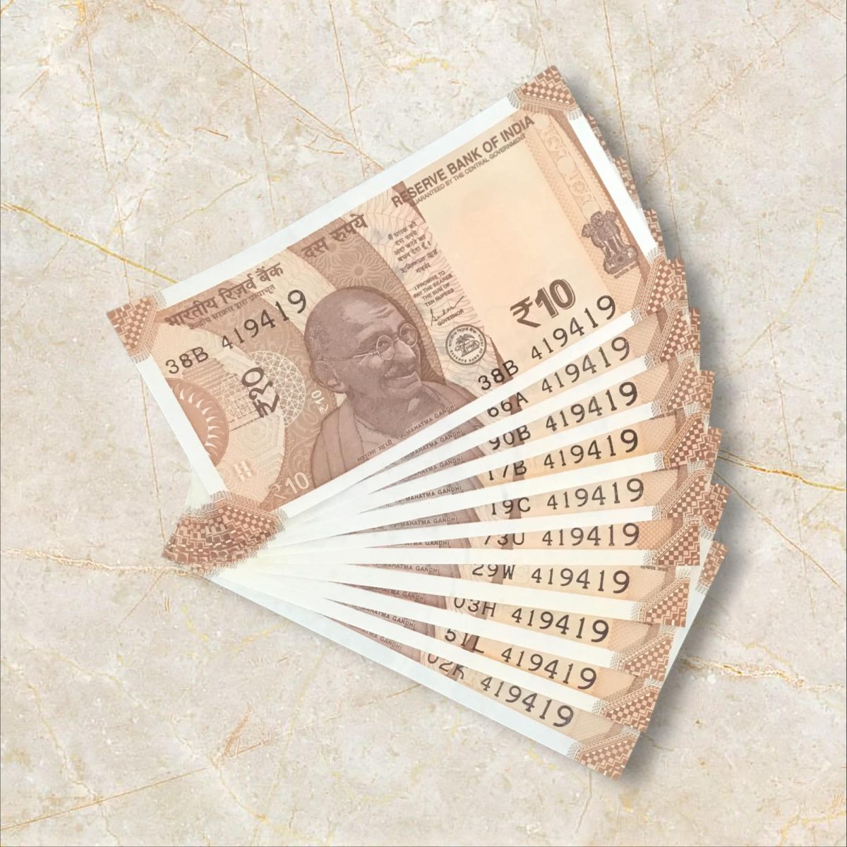 RS 10/- INDIA BANK NOTE SEMI FANCY 10 NOTE SAME NUMBER SET 419419 UNIQUE AND RARE