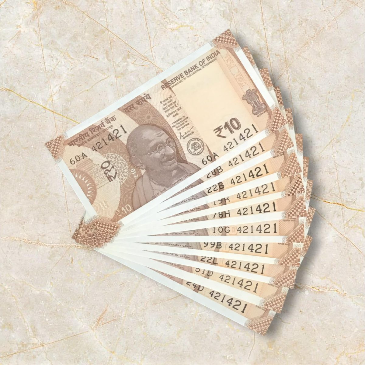 RS 10/- INDIA BANK NOTE SEMI FANCY 10 NOTE SAME NUMBER SET 421421 UNIQUE AND RARE