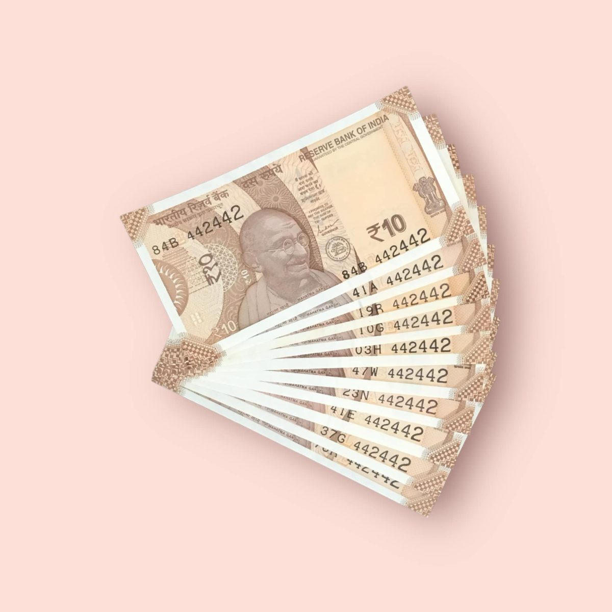 RS 10/- INDIA BANK NOTE SEMI FANCY 10 NOTE SAME NUMBER SET 442442 UNIQUE AND RARE