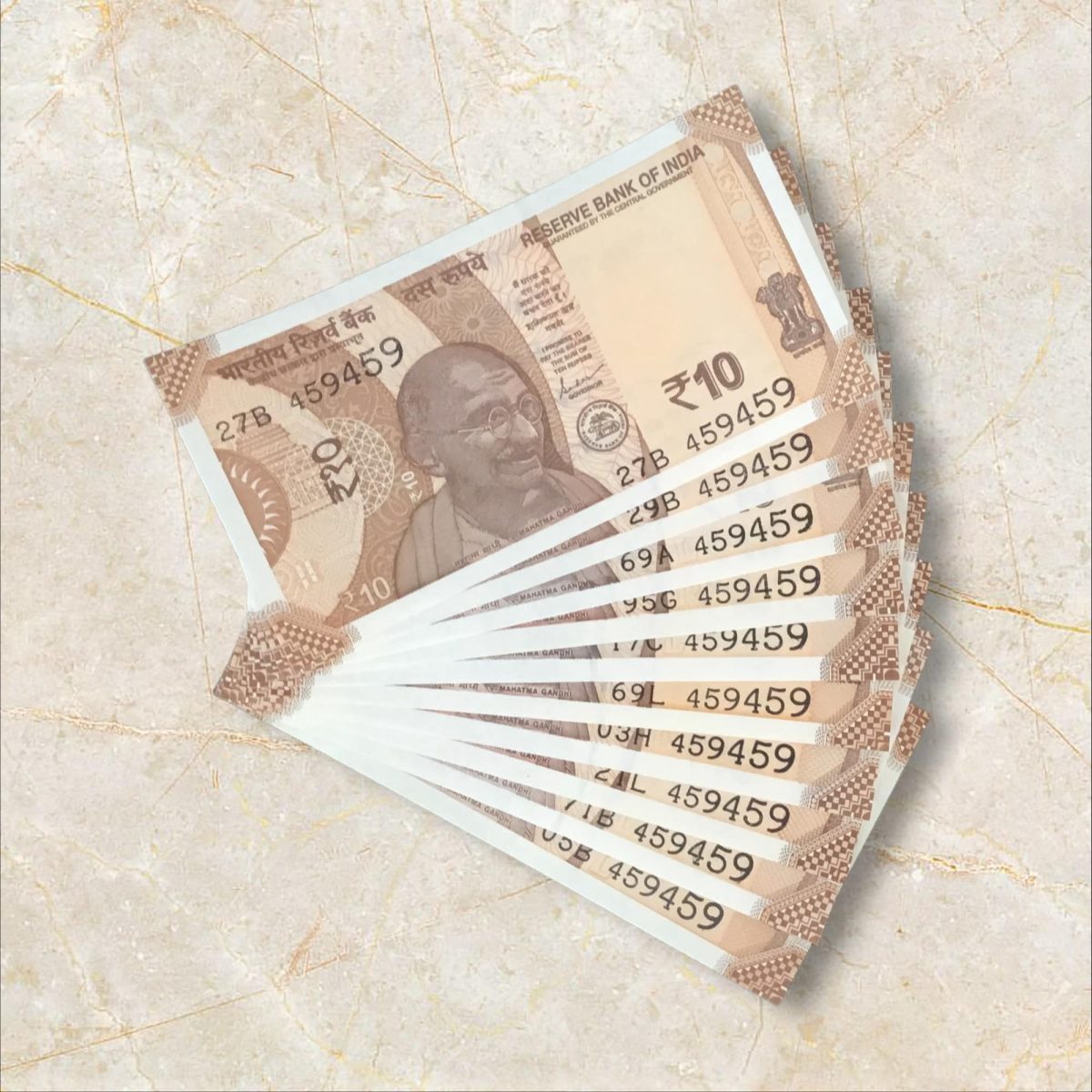 RS 10/- INDIA BANK NOTE SEMI FANCY 10 NOTE SAME NUMBER SET 459459 UNIQUE AND RARE