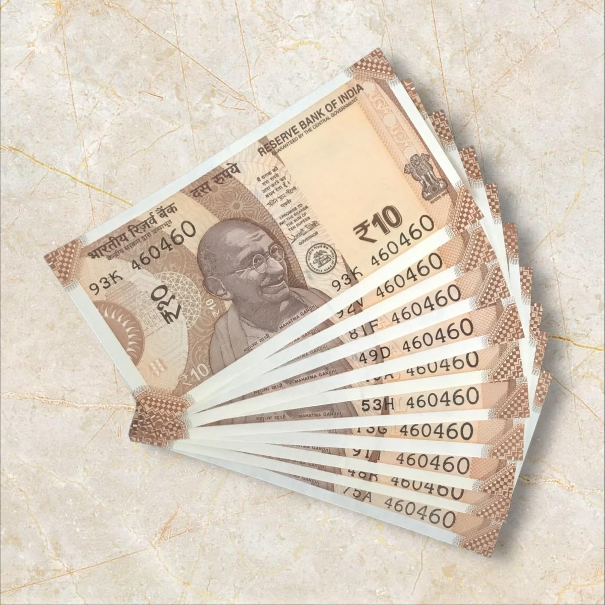 RS 10/- INDIA BANK NOTE SEMI FANCY 10 NOTE SAME NUMBER SET 460460 UNIQUE AND RARE