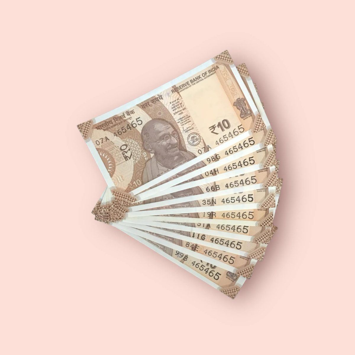 RS 10/- INDIA BANK NOTE SEMI FANCY 10 NOTE SAME NUMBER SET 465465 UNIQUE AND RARE