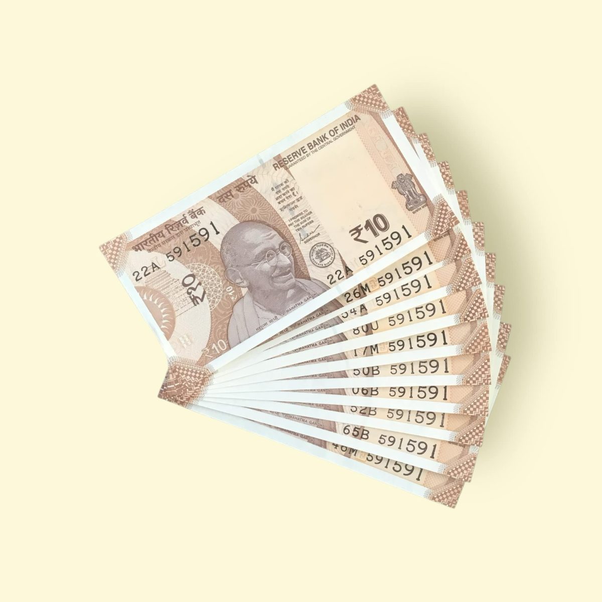 RS 10/- INDIA BANK NOTE 10 NOTE SAME NUMBER SET 591591 GEM UNC