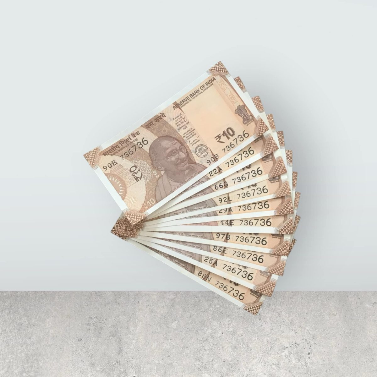 RS 10/- INDIA BANK NOTE SEMI FANCY 10 NOTE SAME NUMBER SET 736736 UNIQUE AND RARE