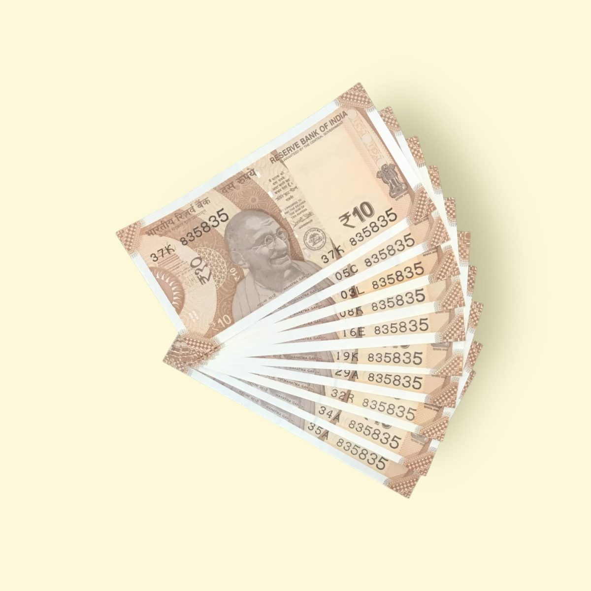 RS 10/- INDIA BANK NOTE 10 NOTE SAME NUMBER SET 835835 GEM UNC