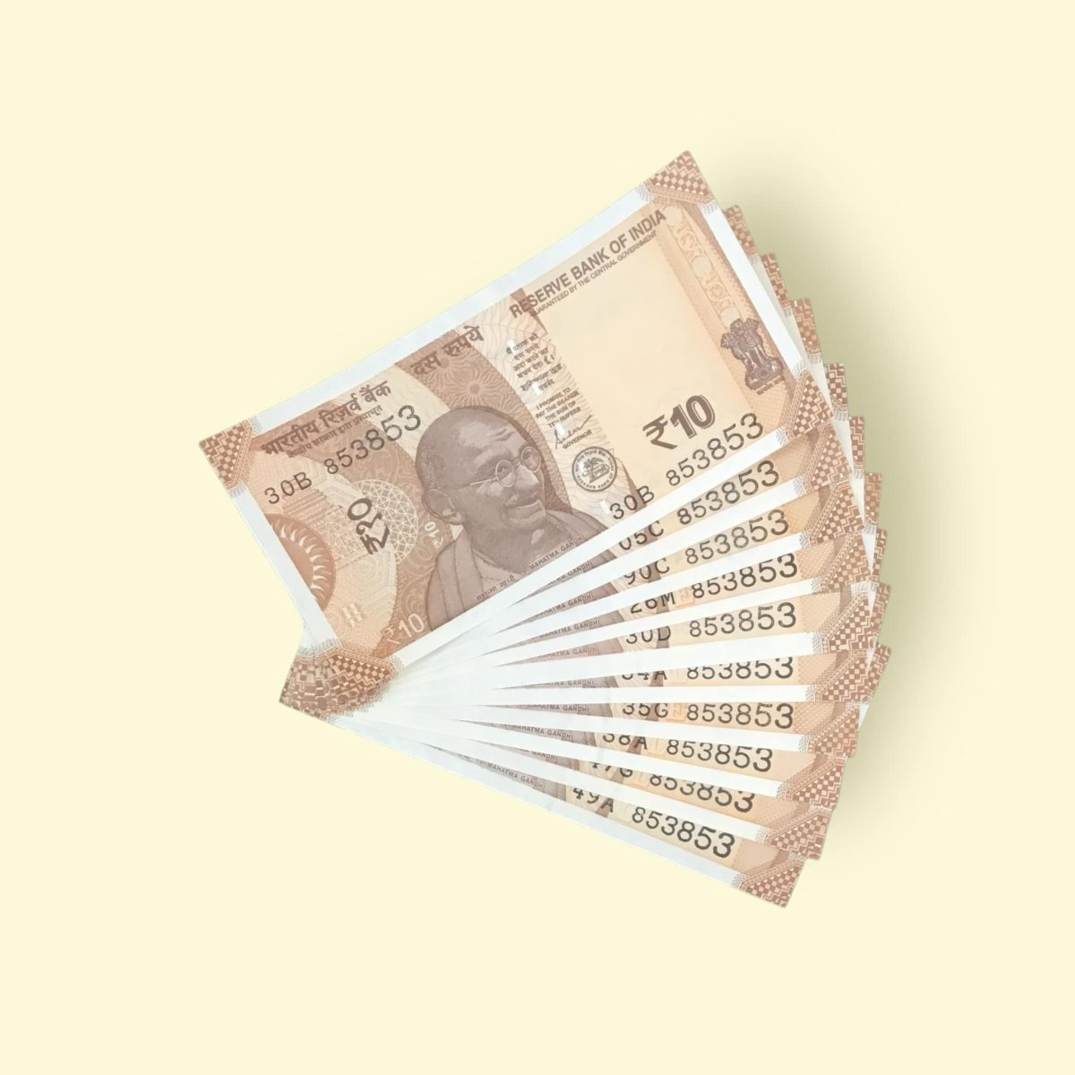 RS 10/- INDIA BANK NOTE 10 NOTE SAME NUMBER SET 853853 GEM UNC ...