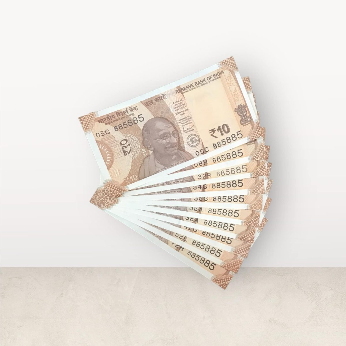 RS 10/- INDIA BANK NOTE SEMI FANCY 10 NOTE SAME NUMBER SET 885885 UNIQUE AND RARE