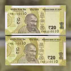 Rs 20 INDIA Banknote SEMI FANCY TWIN SET 19A 110110 UNIQUE AND RARE