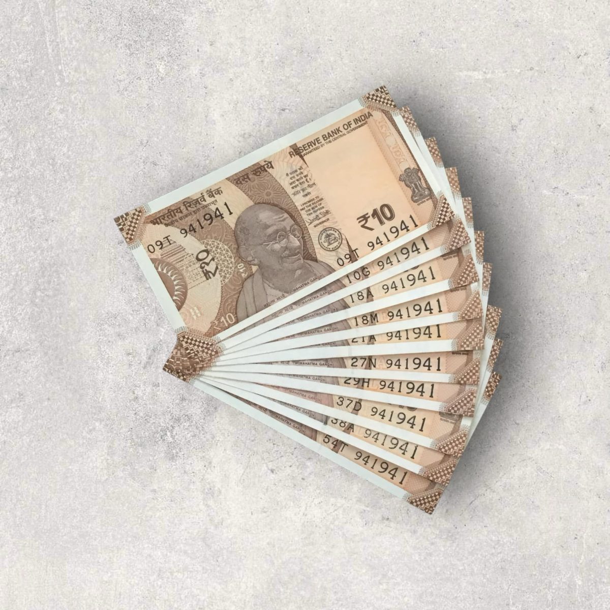 RS 10/- INDIA BANK NOTE SEMI FANCY 10 NOTE SAME NUMBER SET 941941 ...
