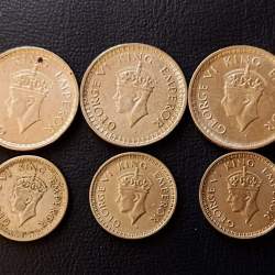 Alternative view of BRITISH INDIA Set of 3 pairs of different years with 2 different denominations of King 👑 George VI Denomination:₹1/2,₹1/4 Year:1942,1943,1944 Excellent condition same and similar piece is available