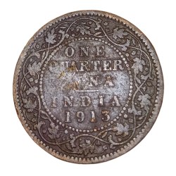 British India ONE QUARTER ANNA Year 1913 King GEORGE-V Used Condition.