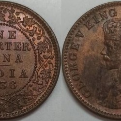 British India, One Quarter Anna, 1936, George V, Bombay Mint, KM #512, Coins from Mint roll with toning.