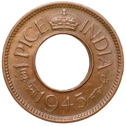 Alternative view of Bronze 1 Pice of George VI (AD 1945) of Calcutta Mint Flat Crown Type Burst Error on Reverse