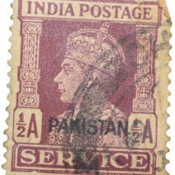 Postal Stamp of George VI 1/2 Anna Purple Colour Over Printed in Black 'Pakistan' Used Condition as per Image.