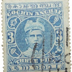 Postal Stamp of Cochin Anchel Blue Colour 3 Pies - Used Condition as per Image.