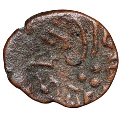 Alternative view of Copper Drachma of Krishnaraj(AD 550-575) of Kalchuris of Mahishmati Bull seated right/Inscription