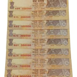 10 Rupees GANDHI Issue D. SUBBARAO & RAGHURAM RAJAN with FANCY LAKHS Serial Numbers [100000-900000] COMPLETE SET 9 Notes **V.RARE** UNC Grades with Minor Spots.