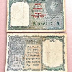 Re 1 British India Banknote 1940 Series Black Series King George VI Collectible Quality 456717 Burma Issue Unique and Rare