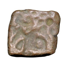 Copper Punch Mark from Vidisha (2nd - 1st Cen. BC) with Sun, 2-Arched Hill, Yupa in Railing