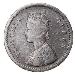 Silver 2 Annas of Victoria Queen (AD 1862) of Calcutta Mint with 'C' Incuse Reverse Top Flower Rare