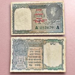 Re 1 British India Banknote 1940 Series Black Series King George VI Collectible Quality 057679 Burma Issue Unique and Rare Issue