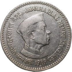 Copper-Nickel 1 Rupee of Republic India - Jawahar Lal Nehru (AD 1989) of Bombay Mint Security Edge