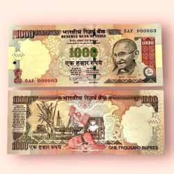 Rs 1000 India Banknote Low Serial Number 000003 Small Font Issue GEM UNC Unique and Rare