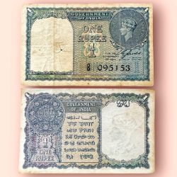 Re 1 British India Banknote 1940 Series Black Series King George VI Collectible Quality 095153 Burma Issue Unique and Rare Issue