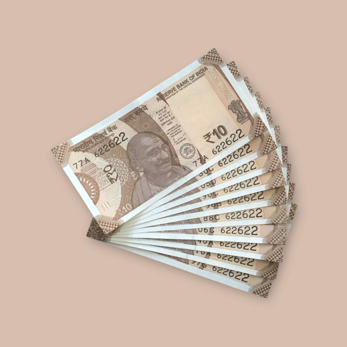 RS 10/- INDIA BANK NOTE SEMI FANCY 10 NOTE SAME NUMBER SET 622622 UNIQUE AND RARE