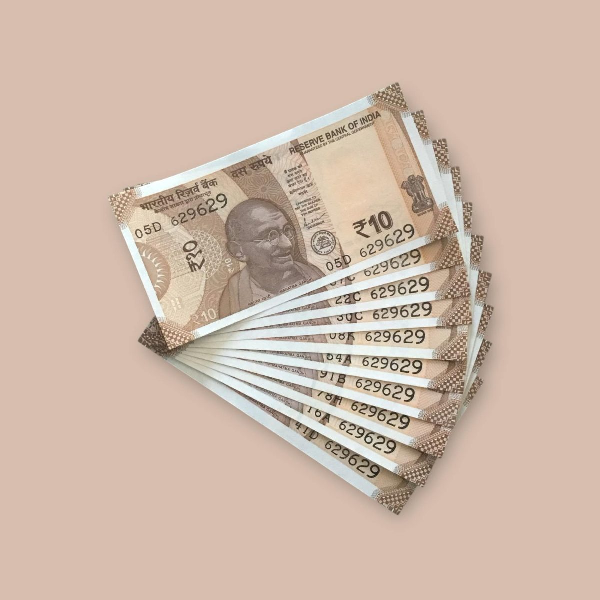 RS 10/- INDIA BANK NOTE SEMI FANCY 10 NOTE SAME NUMBER SET 629629 ...