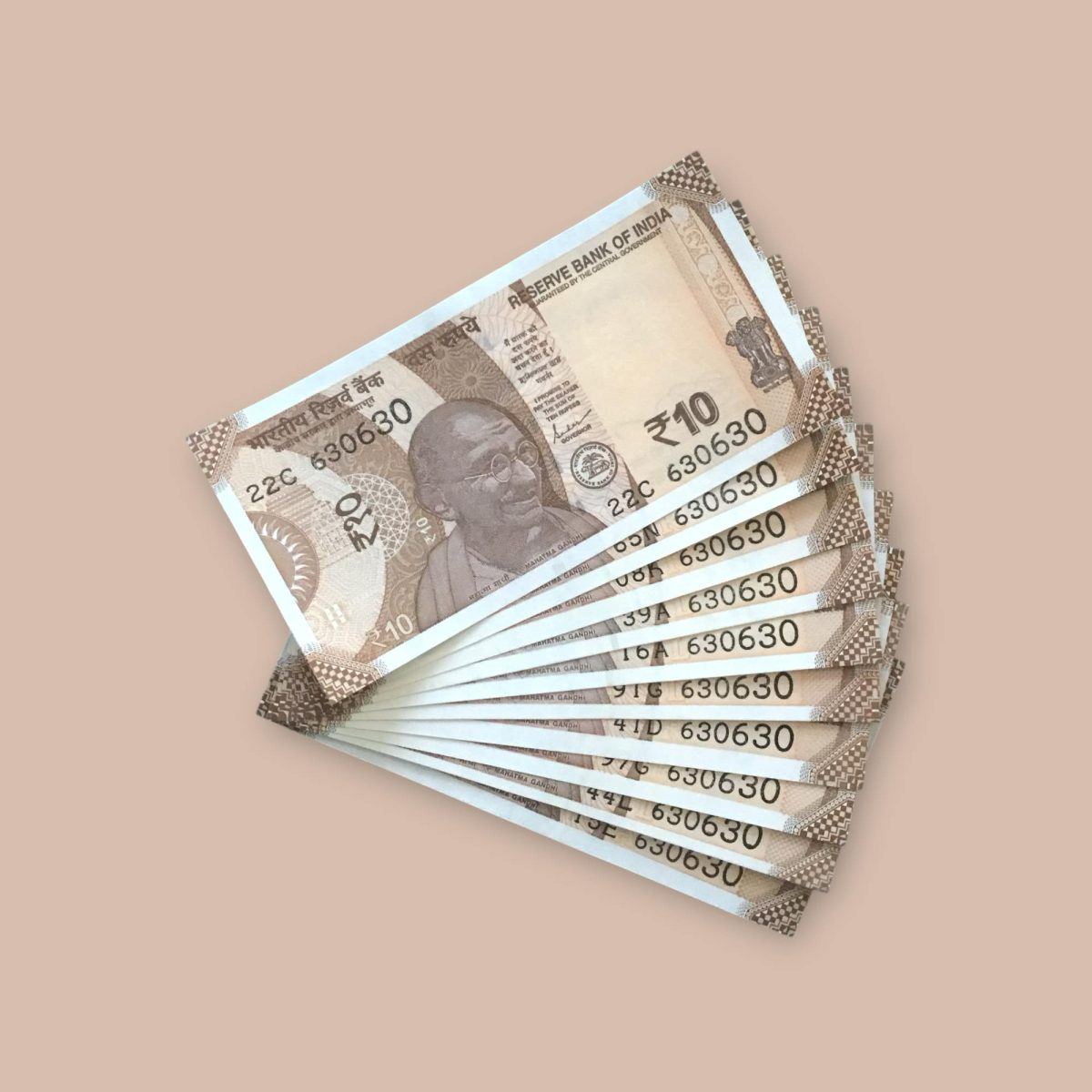 RS 10/- INDIA BANK NOTE SEMI FANCY 10 NOTE SAME NUMBER SET 630630 UNIQUE AND RARE