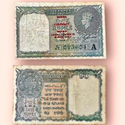 Re 1 British India Banknote 1940 Black Series King George VI Collectible Quality 023601 Burma Overprint Unique and Rare Issue