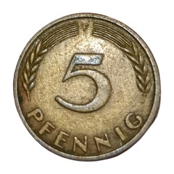 Alternative view of GERMANY Brass 5 PFENNIG Year 1950 Collectable Grade.