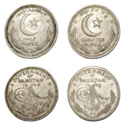 PAKISTAN Cu/Ni HALF RUPEE Year 1948 ONE QUARTER RUPEE Year 1949 Set 2 Coins are in Collectable Grades.