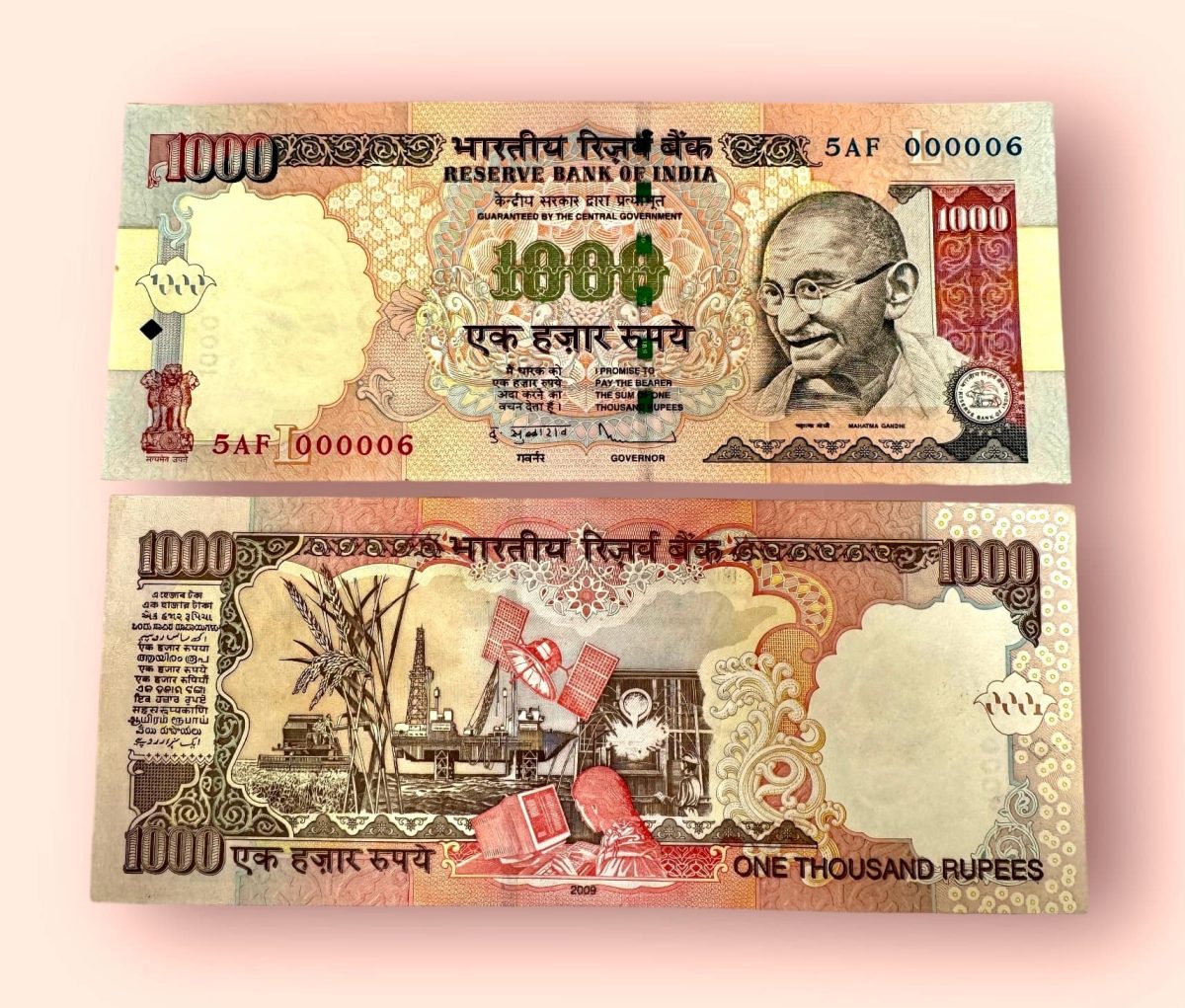 Rs 1000 India Banknote Low Serial Number 000006 Small Font Issue GEM UNC Unique and Rare