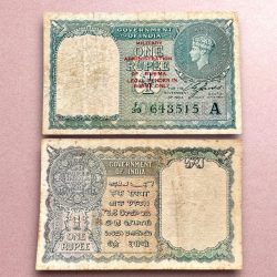 Re 1 British India Banknote 1940 Black Series King George VI Collectible Quality 643515 Burma Overprint Unique and Rare Issue )
