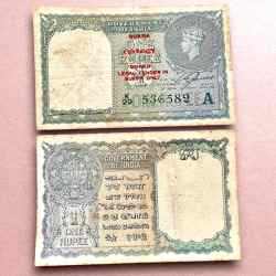 Re 1 British India Banknote 1940 Black Series King George VI Collectible Quality 536582 Burma OverPrint Unique and Rare Issue