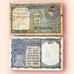 Re 1 British India Banknote 1940 Black Series King George VI Collectible Quality 526686 Burma Issue Unique and Rare Issue