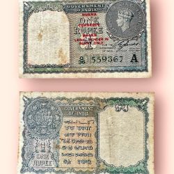 Re 1 British India Banknote 1940 Black Series King George VI Collectible Quality 559367 Burma Overprint Unique and Rare Issue