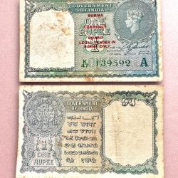 Re 1 British India Banknote 1940 Black Series King George VI Collectible Quality 139592 Burma 0verprint Unique and Rare Issue